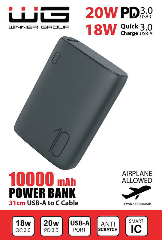 WG Powerbanka 10000 mAh, rychlonabíjení a PD, vč. kabelu, černá