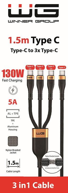 WG Datový kabel type-C_3 x type-C, 5 A, černý, 150 cm