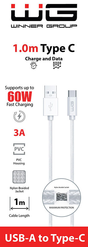 WG Datový kabel USB-A_type-C, 3 A, bílý, 100 cm