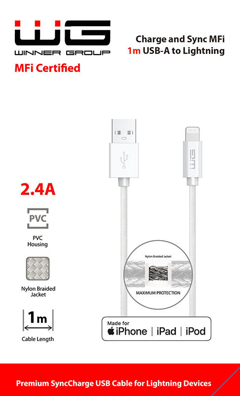 WG Dátový kábel USB-A_Lightning MFI, 2,4 A, biely, 100 cm