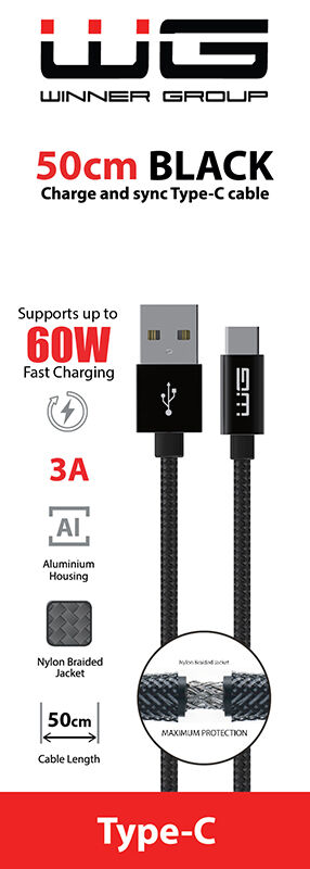 WG Dátový kábel USB-A_type-C, 3 A, čierny, 50 cm