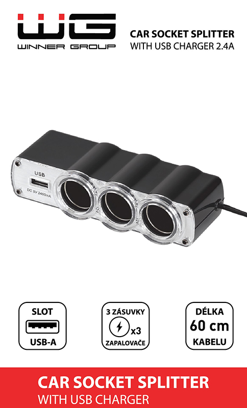 WG Szivargyújtó elosztó + USB-A 2,4 A