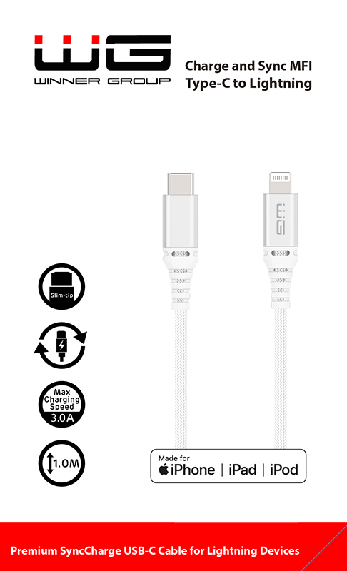 WG Adatkábel type-C_Lightning MFI, 3 A, fehér, 100 cm