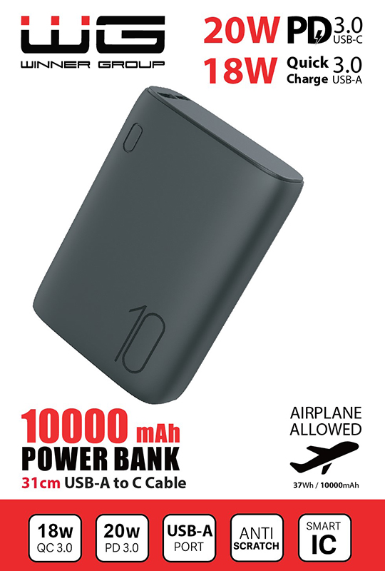 WG Power bank 10000 mAh, fast charge _PD, kábellel, fekete