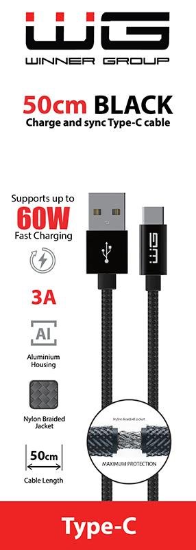 WG Adatkábel USB-A_type-C, 3 A, fekete, 50 cm