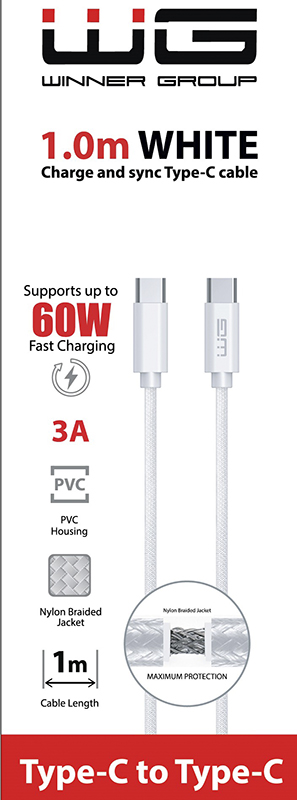 WG Adatkábel type-C_type-C, 3 A, fehér, 100 cm