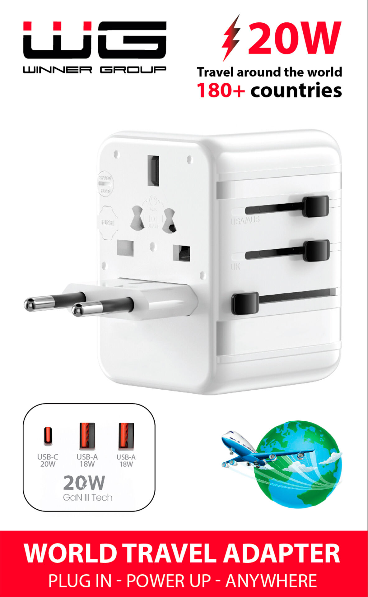 WG Cestovný adaptér s 2x USB-A, 1x type-C, až 20 W