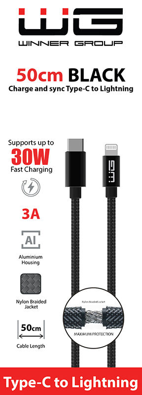 WG Dátový kábel type-C_Lightning, 3 A, čierny, 50 cm